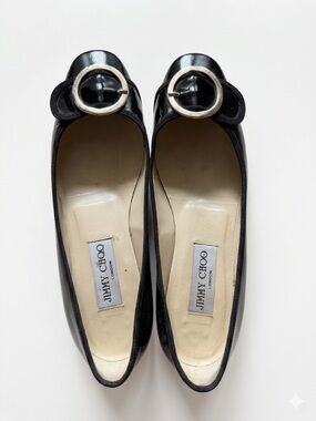 Jimmy Choo Nevada Black Patent Leather Flats with Gold Buckle (Early 00s)